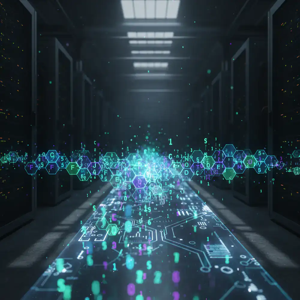 Abstracte weergave van een continu Random Number Generator-algoritme dat hexadecimale codes uitvoert