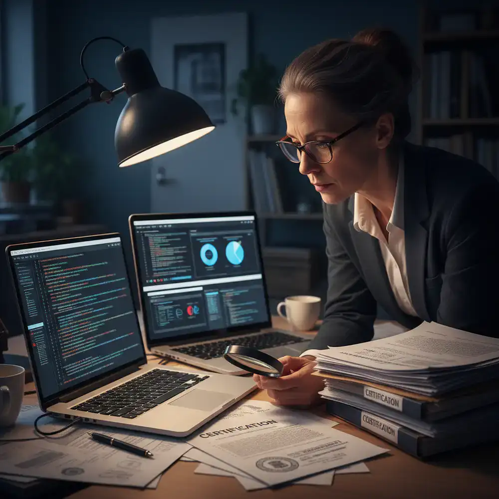 Een auditor die casinocode en certificeringsdocumenten inspecteert
